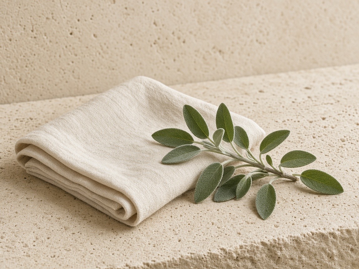 A folded cream linen cloth and a fresh sage sprig on a porous stone ledge.
