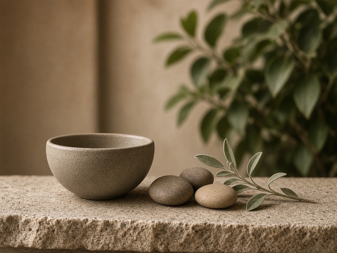 A speckled ceramic bowl, three smooth stones, and a sage sprig on a rough stone ledge, with leaves behind.