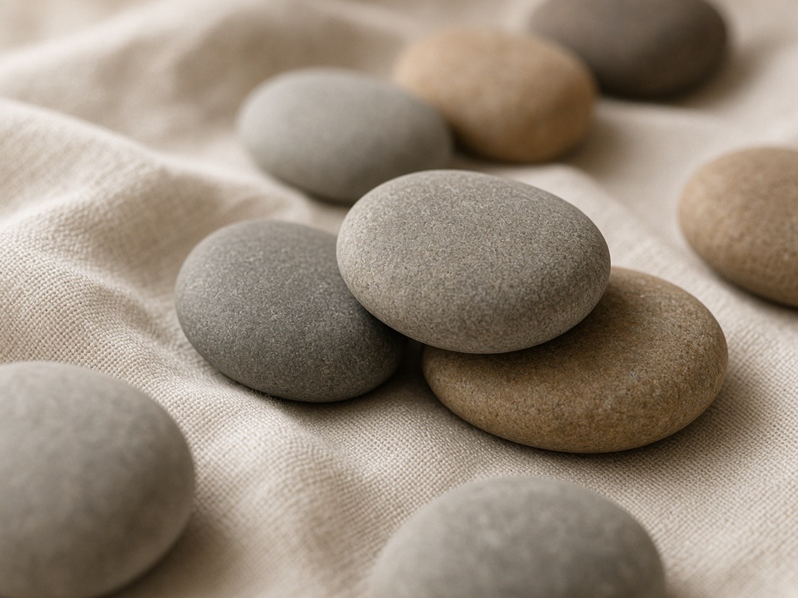 Smooth gray and tan stones resting on beige linen, with more stones soft in the background.