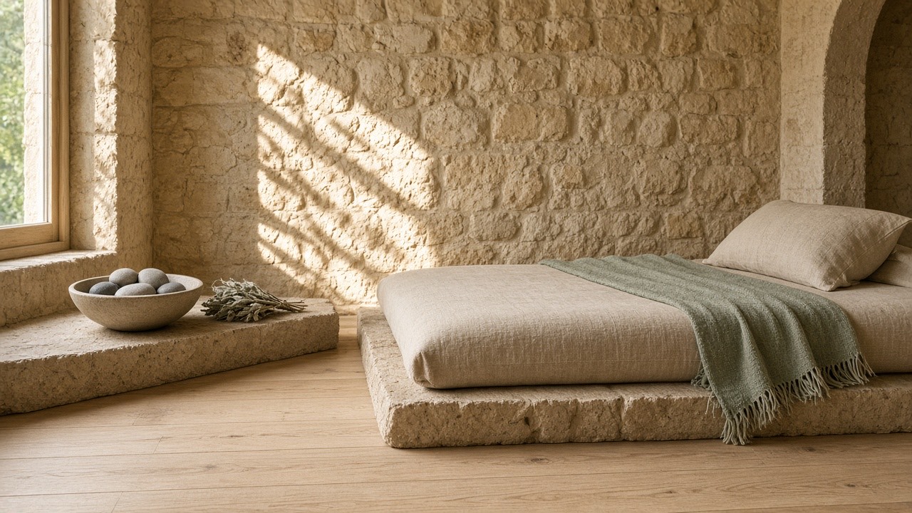 A linen-covered stone platform in a sunlit stone room, with a sage throw, a bowl of smooth stones, and a dried herb bundle on the sill.